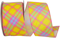 Plaid Diagonal Wired Edge Ribbon Yellow Fuchsia 2-1/2 Inch