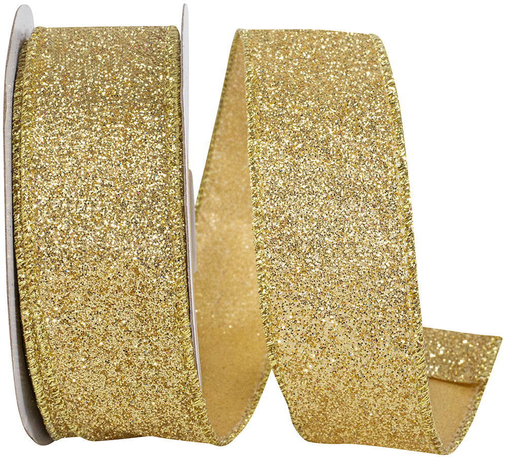 Gold Glitter Metallic Wired Edge Ribbon 1-1/2 Inch for Wreaths