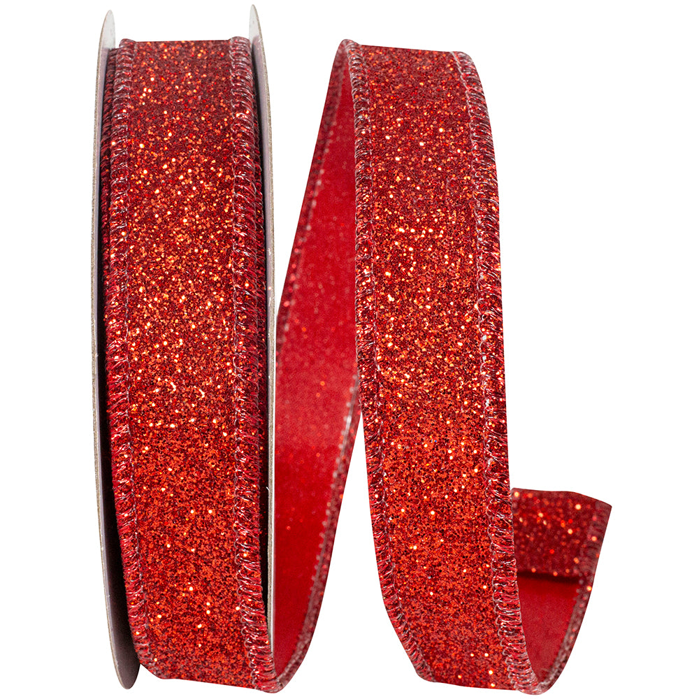 Red Glitter Metallic Wired Edge Ribbon 7/8 Inch for Bows