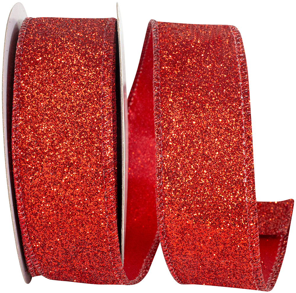 Red Glitter Metallic Wired Edge Ribbon 1-1/2 Inch for Bows