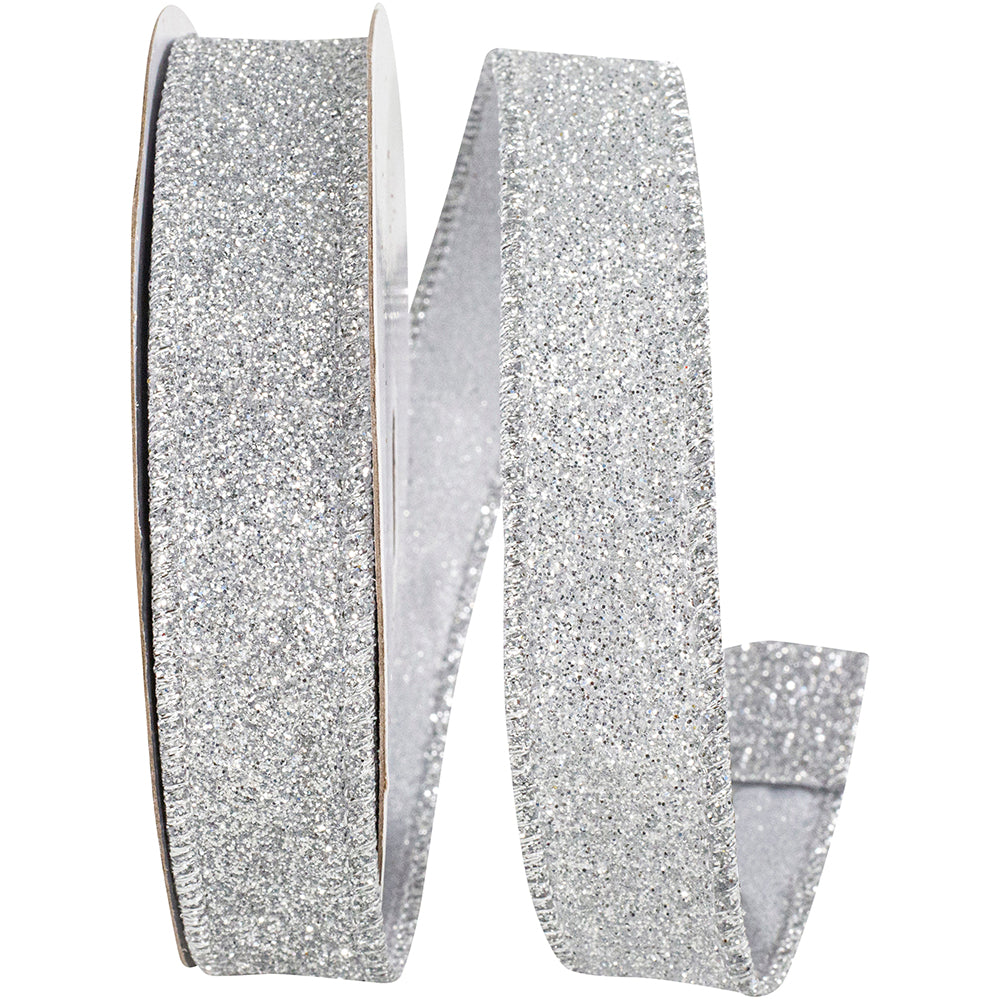 Silver Glitter Metallic Wired Edge Ribbon 7/8 Inch for Bows