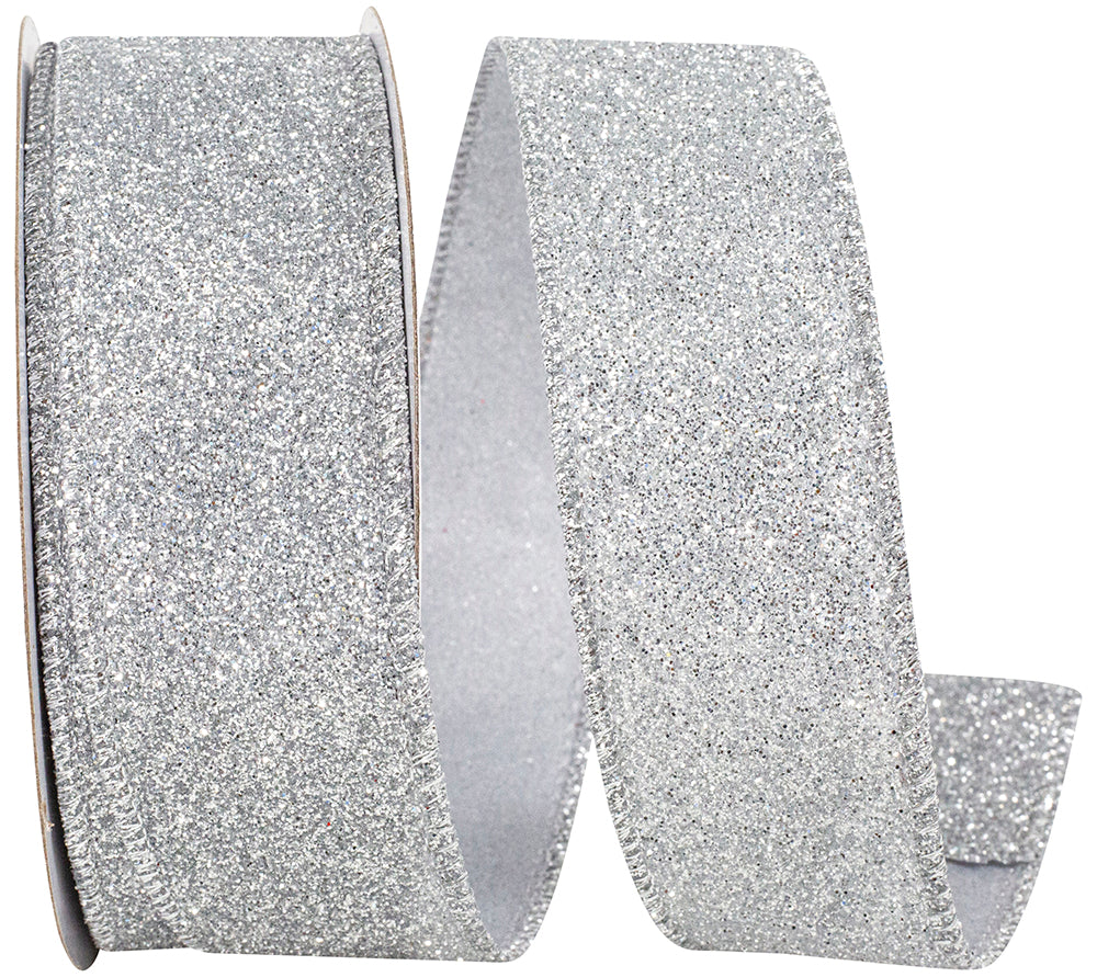 Silver Glitter Metallic Wired Edge Ribbon 1-1/2 Inch