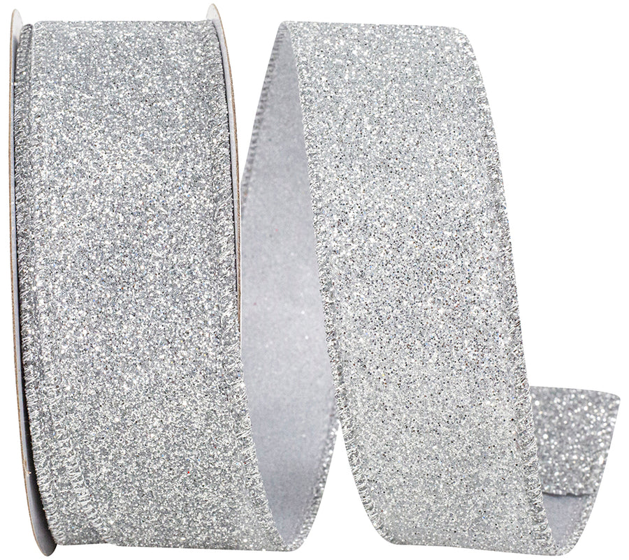 Silver Glitter Metallic Wired Edge Ribbon 1-1/2 Inch