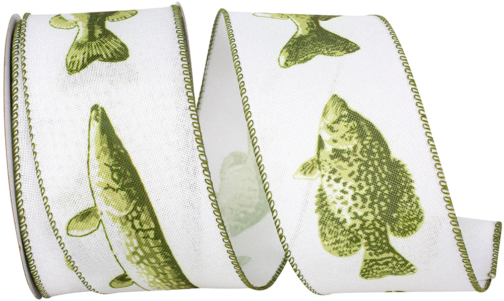 White Green 2-1 2 Inch Fresh Water Fish Linen Wired Edge Ribbon for Wreaths & Bows