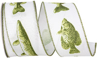 White Green 2-1 2 Inch Fresh Water Fish Linen Wired Edge Ribbon for Wreaths & Bows