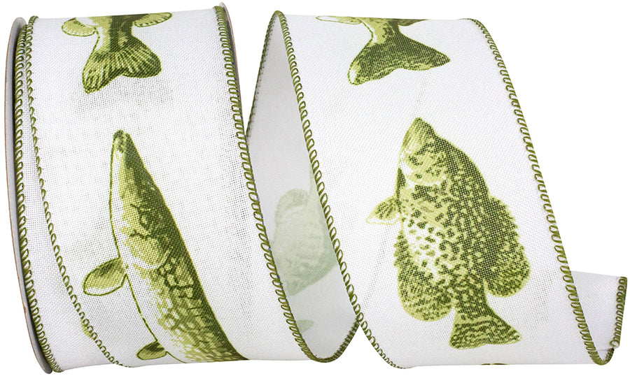 White Green 2-1 2 Inch Fresh Water Fish Linen Wired Edge Ribbon for Wreaths & Bows