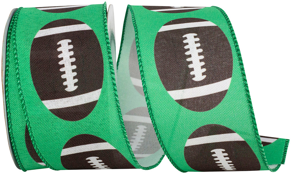 Green 2-1 2 Inch Footballs Fun Wired Edge Ribbon for Wreaths & Bows