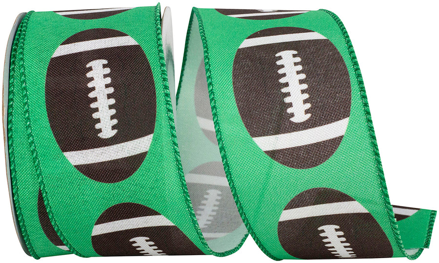 Green 2-1 2 Inch Footballs Fun Wired Edge Ribbon for Wreaths & Bows