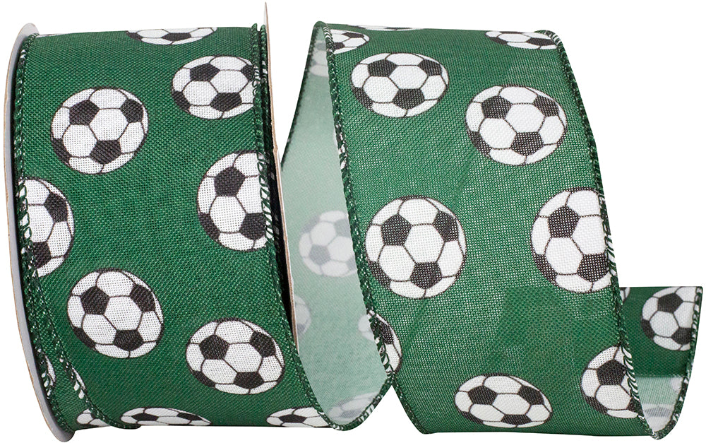 Green 2-1 2 Inch Soccer Balls Bounce Wired Edge Ribbon for Wreaths & Bows