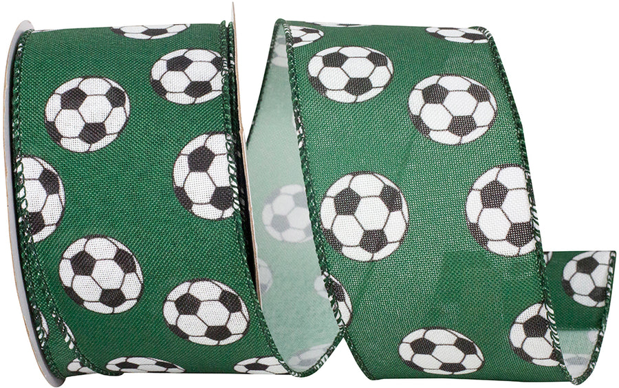 Green 2-1 2 Inch Soccer Balls Bounce Wired Edge Ribbon for Wreaths & Bows