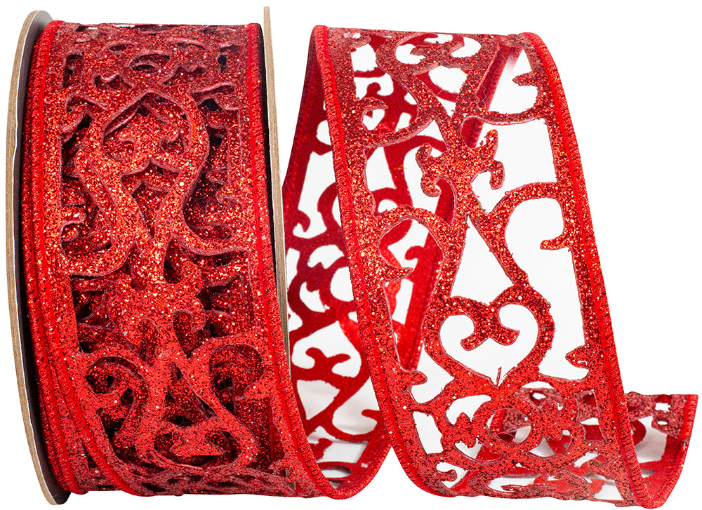 Red 2-1/2 Inch Glitter Opulence Wired Edge Ribbon