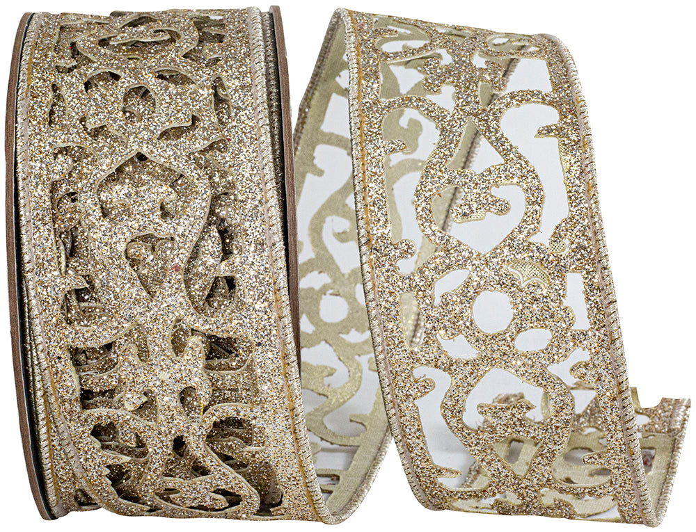 Platinum Scroll Glitter Opulence Wired Edge Ribbon 2.5 Inch