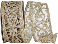 Platinum Scroll Glitter Opulence Wired Edge Ribbon 2.5 Inch