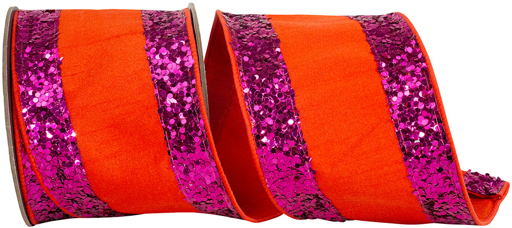 Jumbo Glitter Striped Edge Ribbon Orange Fuchsia 4 Inch