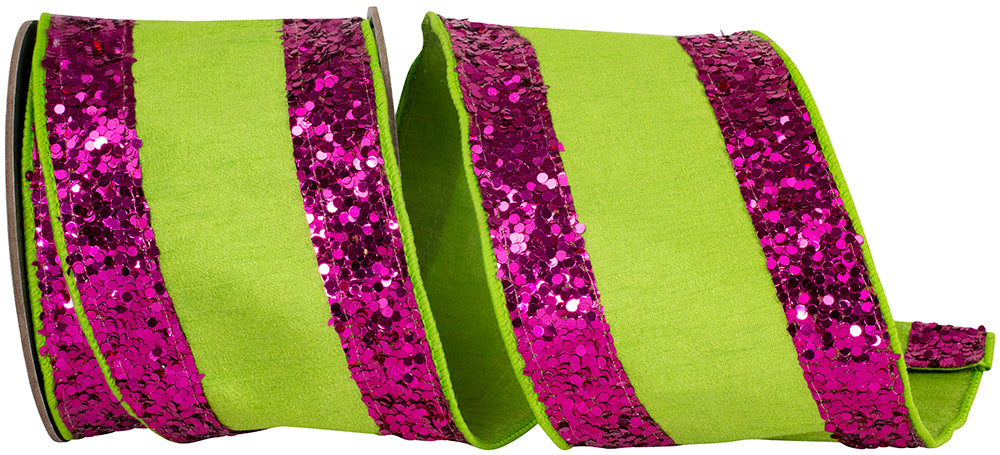 4 Inch Citrus Fuchsia Jumbo Glitter Striped Edge Ribbon