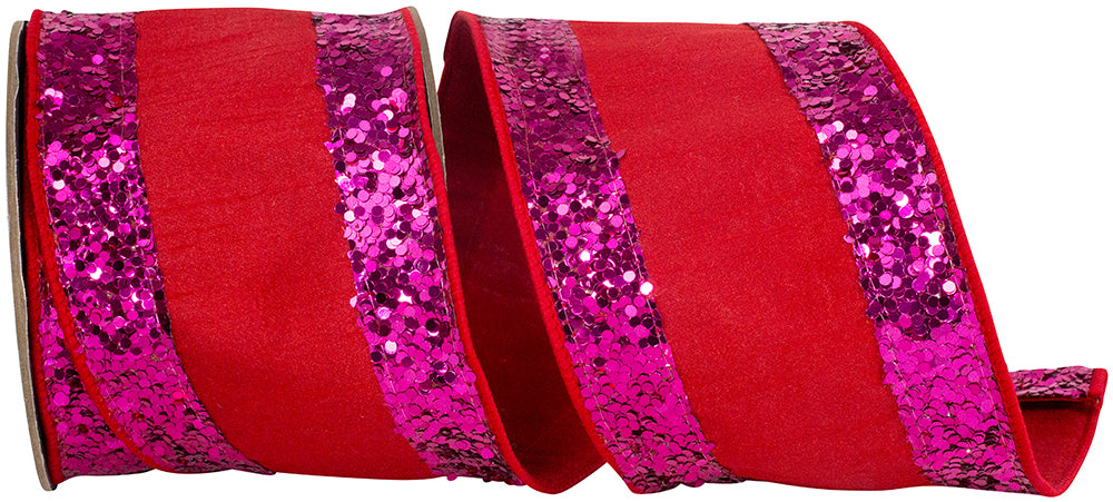 Jumbo Glitter Striped Edge Dupioni Ribbon Red/Fucshia 4 Inch