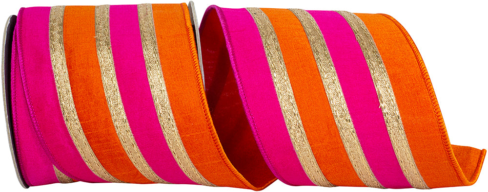 Orange Fuchsia 4 Inch Stripe Trimming Overlay Dupioni Deluxe Wired Edge Ribbon for Wreaths & Bows