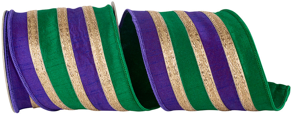 Purple Green 4 Inch Stripe Trimming Overlay Dupioni Deluxe Wired Edge Ribbon for Wreaths & Bows
