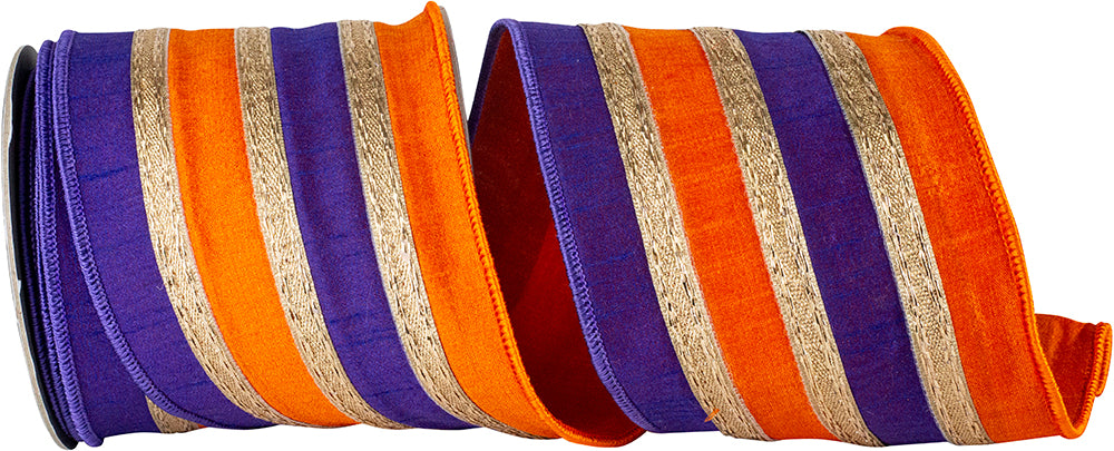 Orange Purple 4 Inch Stripe Trimming Overlay Dupioni Deluxe Wired Edge Ribbon for Wreaths & Bows