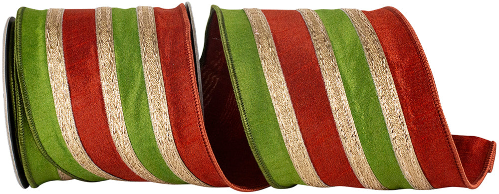 Rust Moss 4 Inch Stripe Trimming Overlay Dupioni Deluxe Wired Edge Ribbon for Wreaths & Bows