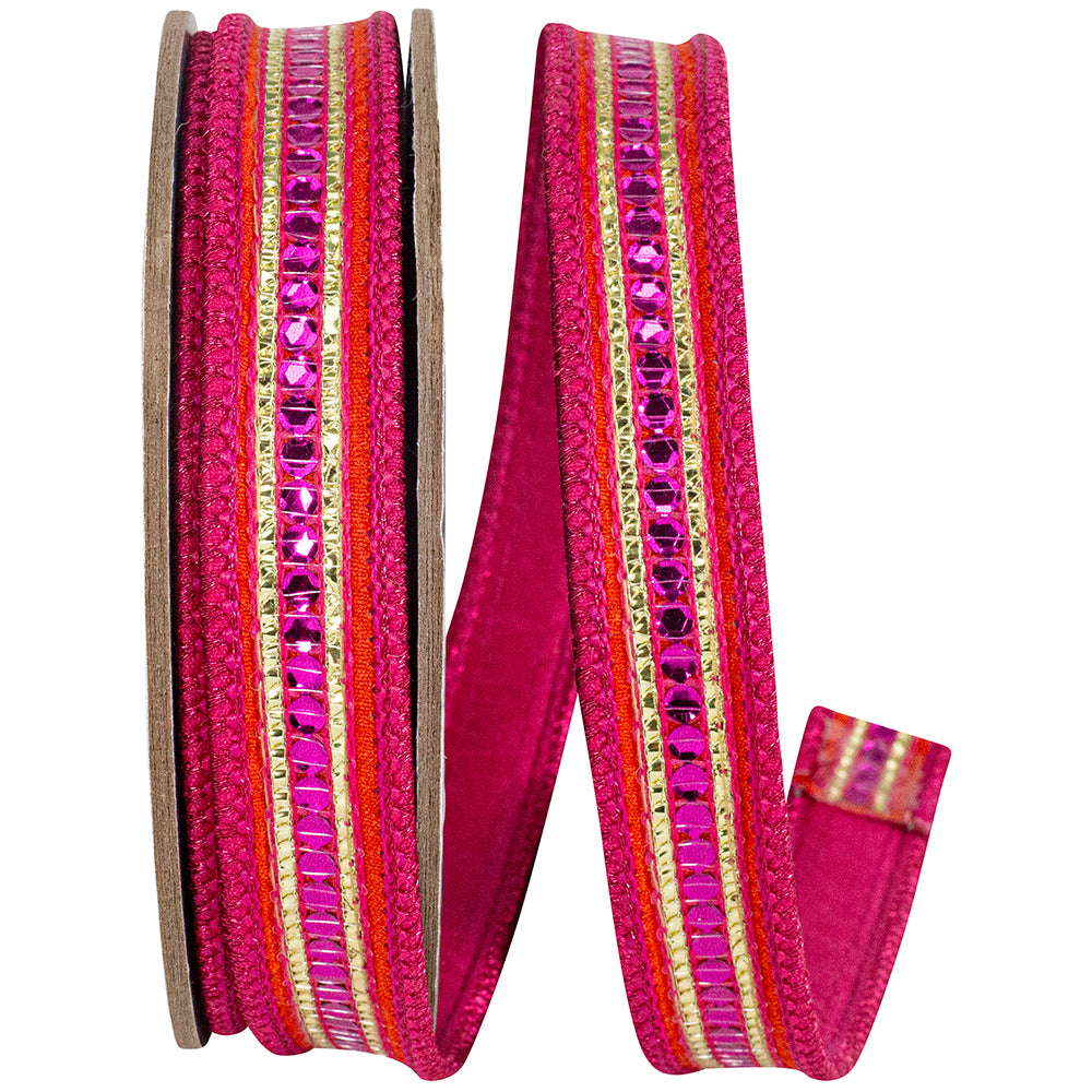 Sequin Trimming Ribbon 1 Inch Orange Fuchsia Dupioni Wired Edge