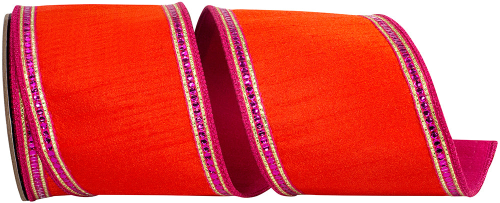 Sequin Trimming Ribbon Orange Fuchsia 4 Inch Dupioni Wired Edge