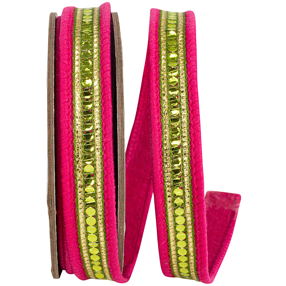 Sequin Trimming Ribbon Fuchsia Lime 1 Inch Dupioni Wired Edge