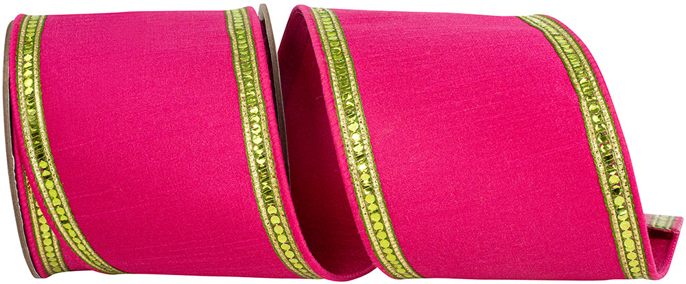 Sequin Trimming Ribbon Fuchsia Lime 4 Inch Dupioni Wired Edge