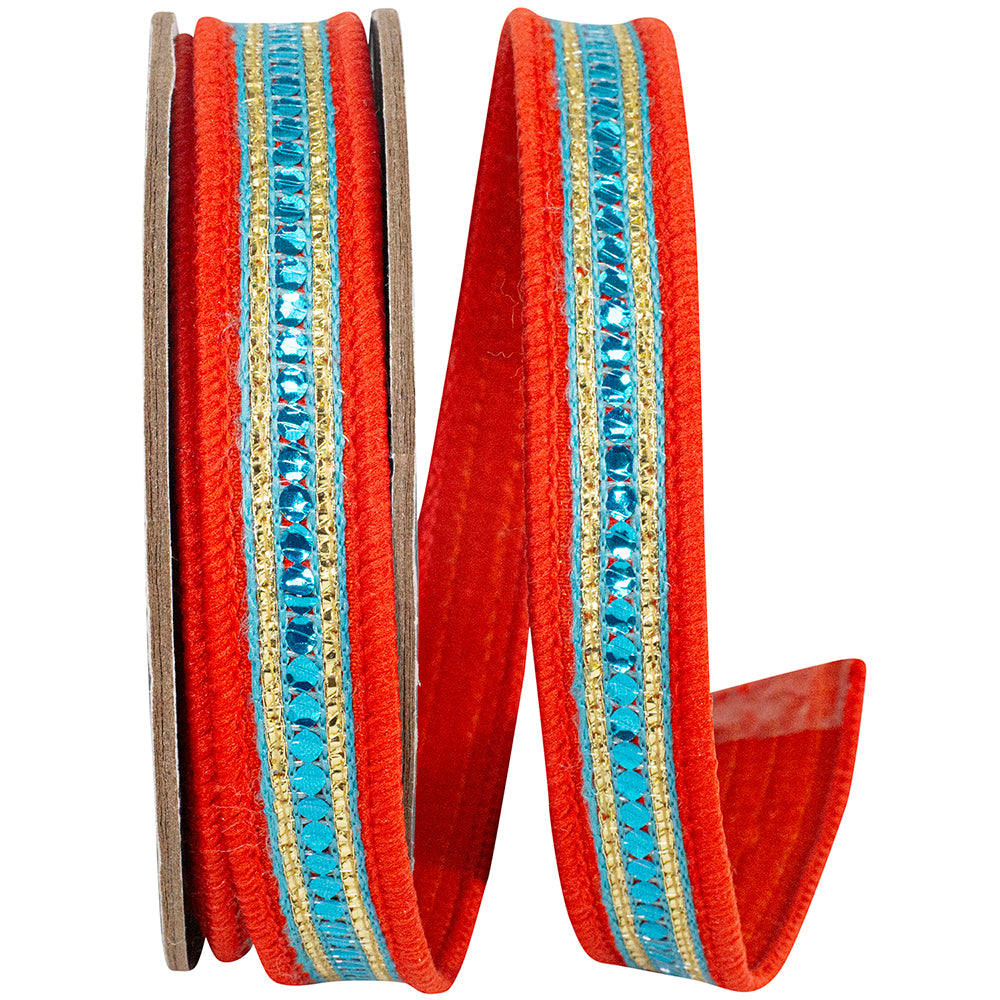 Sequin Trimming Ribbon Orange Turquoise 1 Inch Dupioni Wired Edge