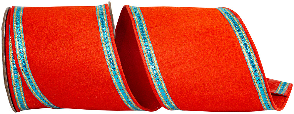Sequin Trimming Ribbon 4 Inch Orange Turquoise Dupioni