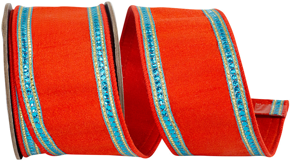 Sequin Trimming Ribbon Orange Turquoise 2-1/2 Inch Dupioni