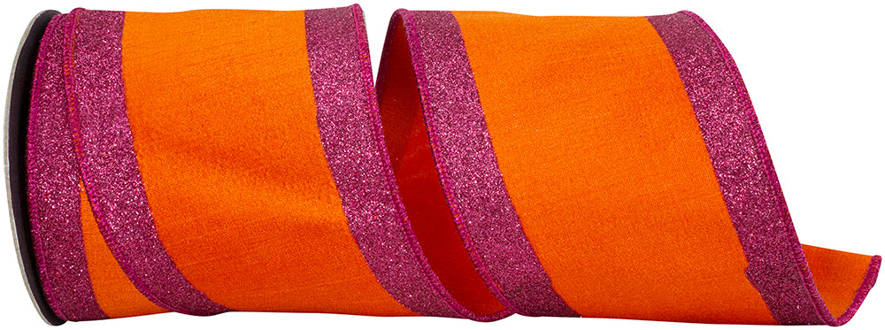 Glitter Striped Dupioni Ribbon 4 Inch Orange Fuchsia