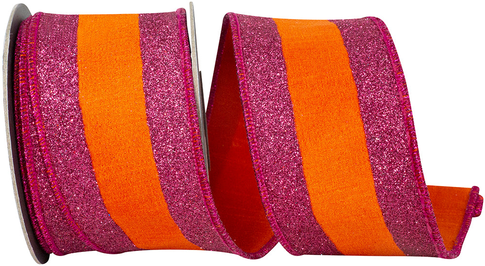 Glitter Striped Edging Ribbon 2-1/2 Inch Orange Fuchsia