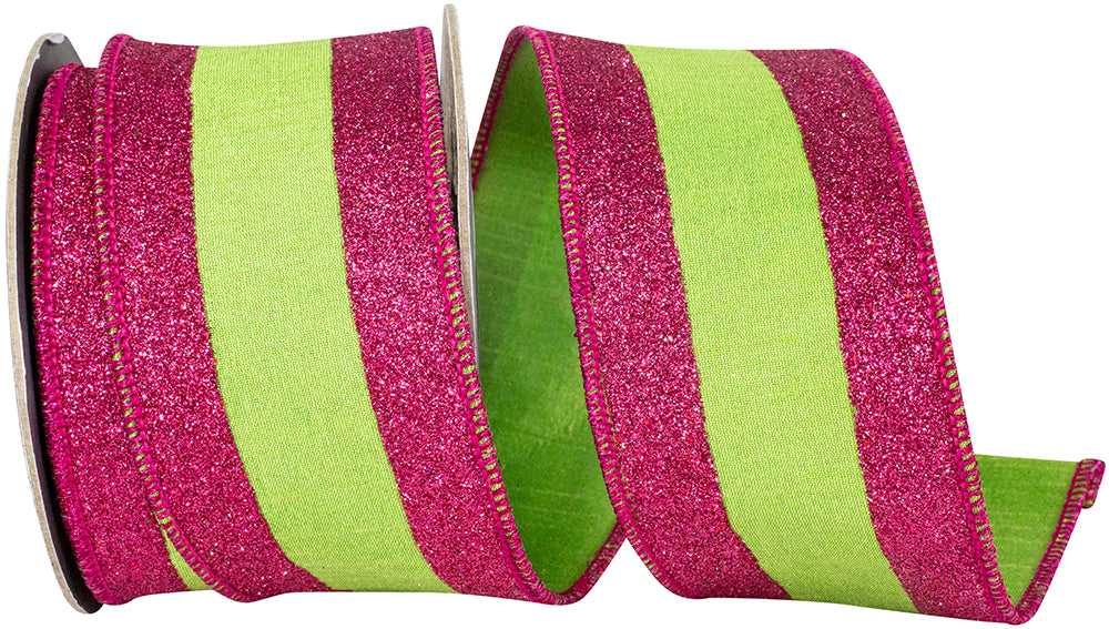 Glitter Striped Edging Ribbon Citrus Fuchsia 2-1/2 Inch