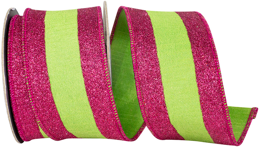 Glitter Striped Edging Ribbon Citrus Fuchsia 2-1/2 Inch
