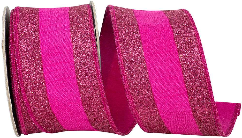Fuchsia Glitter Striped Dupioni Wired Edge Ribbon 2-1/2 Inch