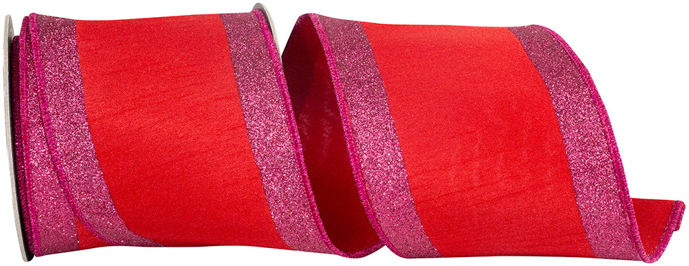 Glitter Striped Dupioni Ribbon 4 Inch Red/Fucshia 5 Yards