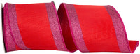 Glitter Striped Dupioni Ribbon 4 Inch Red/Fucshia 5Yds