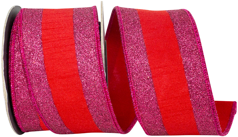 Glitter Striped Dupioni Ribbon Red Fucshia 2-1/2 Inch