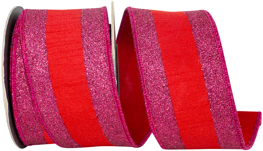 Glitter Striped Dupioni Ribbon Red Fucshia 2-1/2 Inch