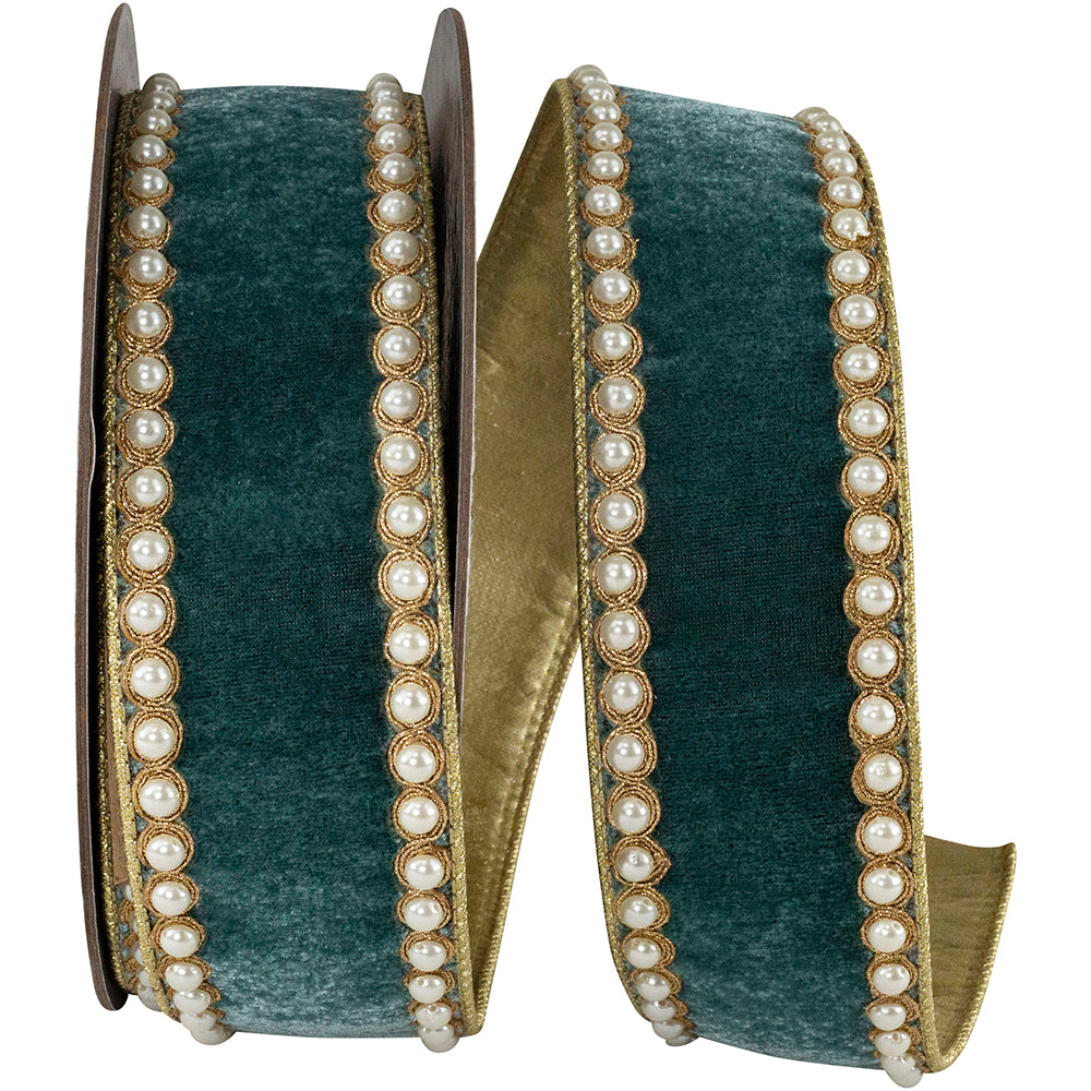 Teal 2-1/2 Inch Pearl Plush Velvet Wired Edge Ribbon
