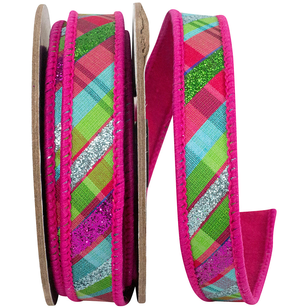 Fuchsia Wired Edge Ribbon 7/8 Inch Glitter Plaid for Bows
