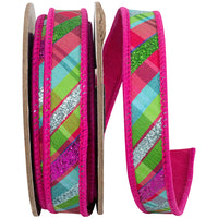 Fuchsia Wired Edge Ribbon 7/8 Inch Glitter Plaid for Bows
