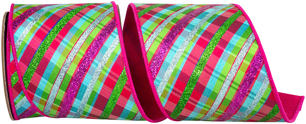 Fuchsia Glitter Plaid Wired Edge Ribbon 4 Inch for Wreaths