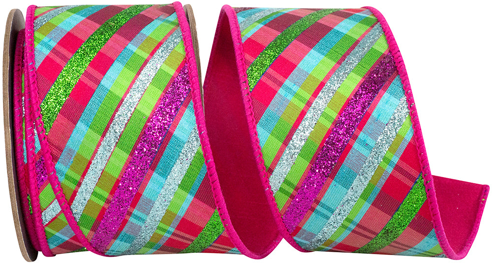 Fuchsia 2-1/2 Inch Glitter Plaid Wired Edge Ribbon