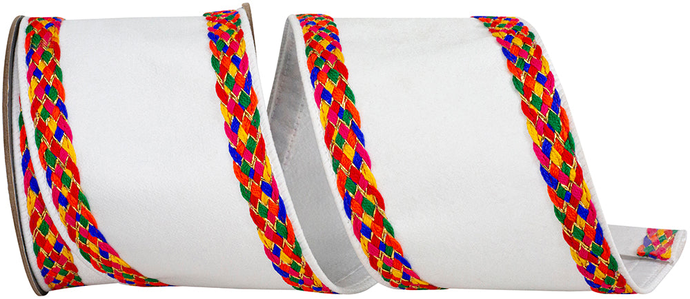 White 4 Inch Multi Color Braid Festive Deluxe Wired Edge Ribbon for Wreaths & Bows