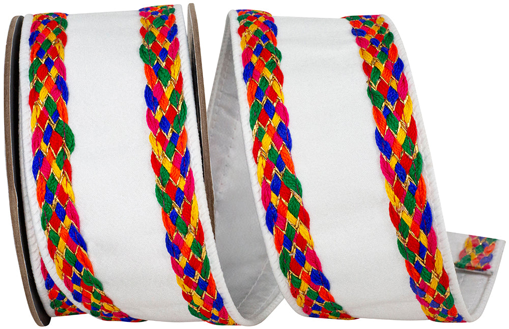 White 2-1 2 Inch Multi Color Braid Festive Deluxe Wired Edge Ribbon for Wreaths & Bows