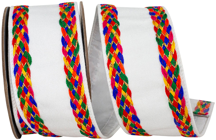 White 2-1 2 Inch Multi Color Braid Festive Deluxe Wired Edge Ribbon for Wreaths & Bows