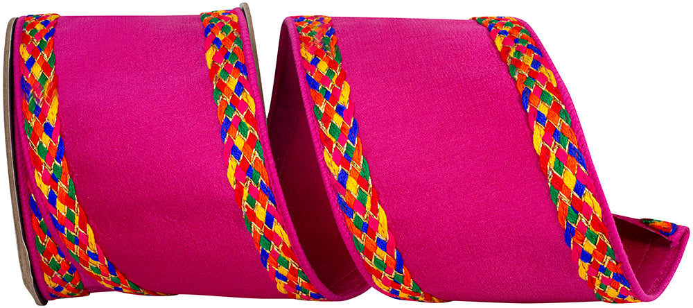 Fuchsia 4 Inch Multi Color Braid Festive Deluxe Wired Edge Ribbon for Wreaths & Bows