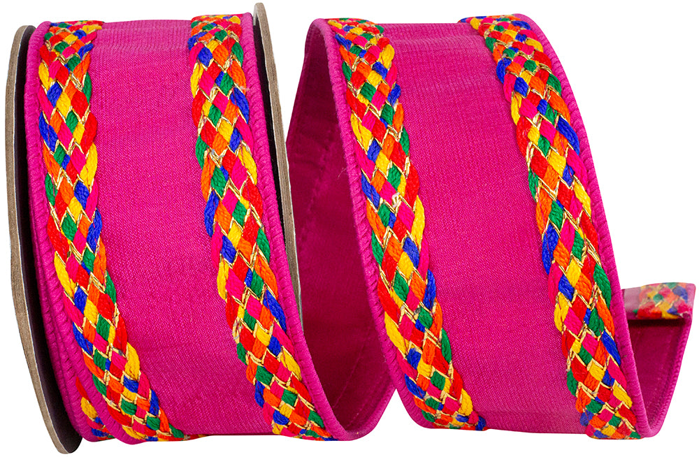 Fuchsia 2-1 2 Inch Multi Color Braid Festive Deluxe Wired Edge Ribbon for Wreaths & Bows